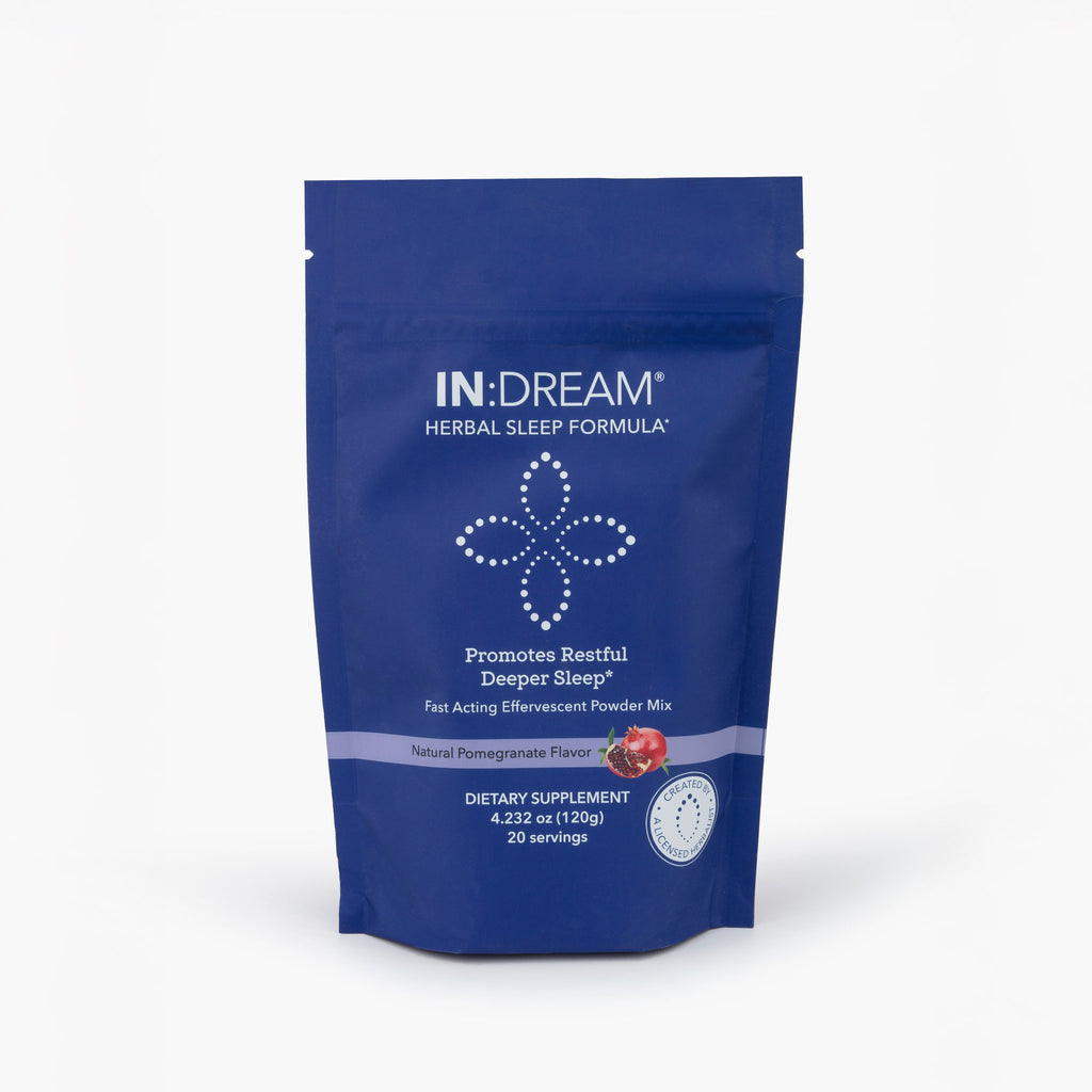Blue package of IN:DREAM Herbal Sleep Formula on a white background