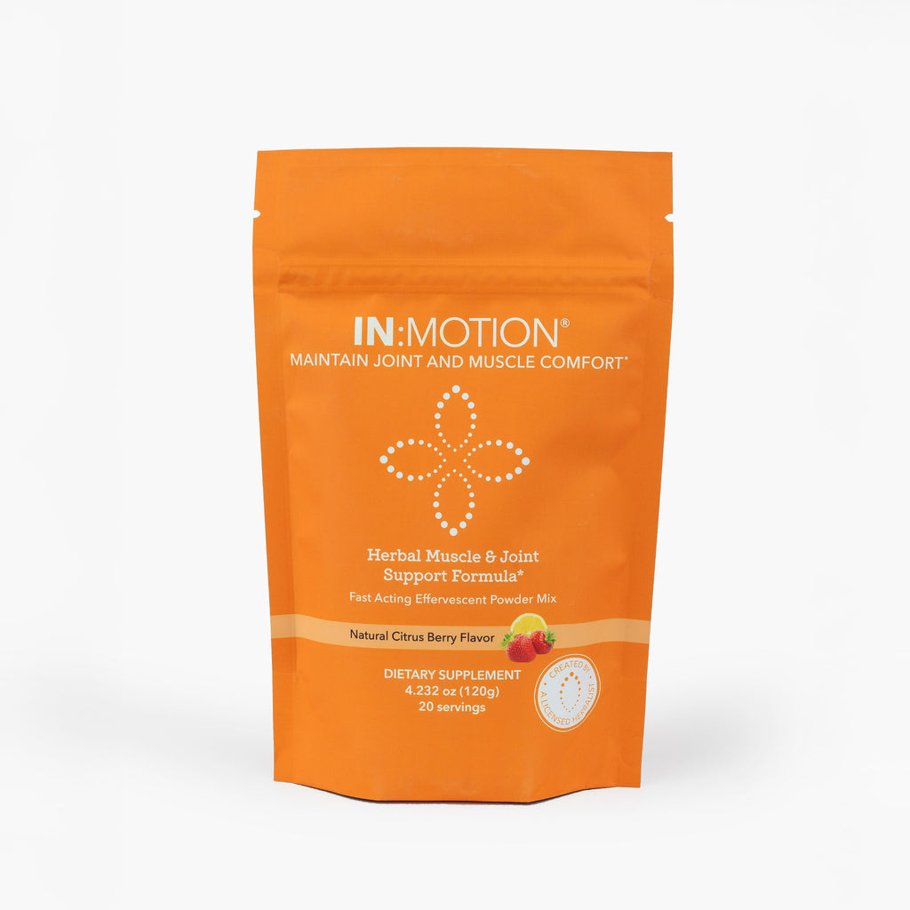 Orange package of IN MOTION herbal muscle and joint support formula on a white background
