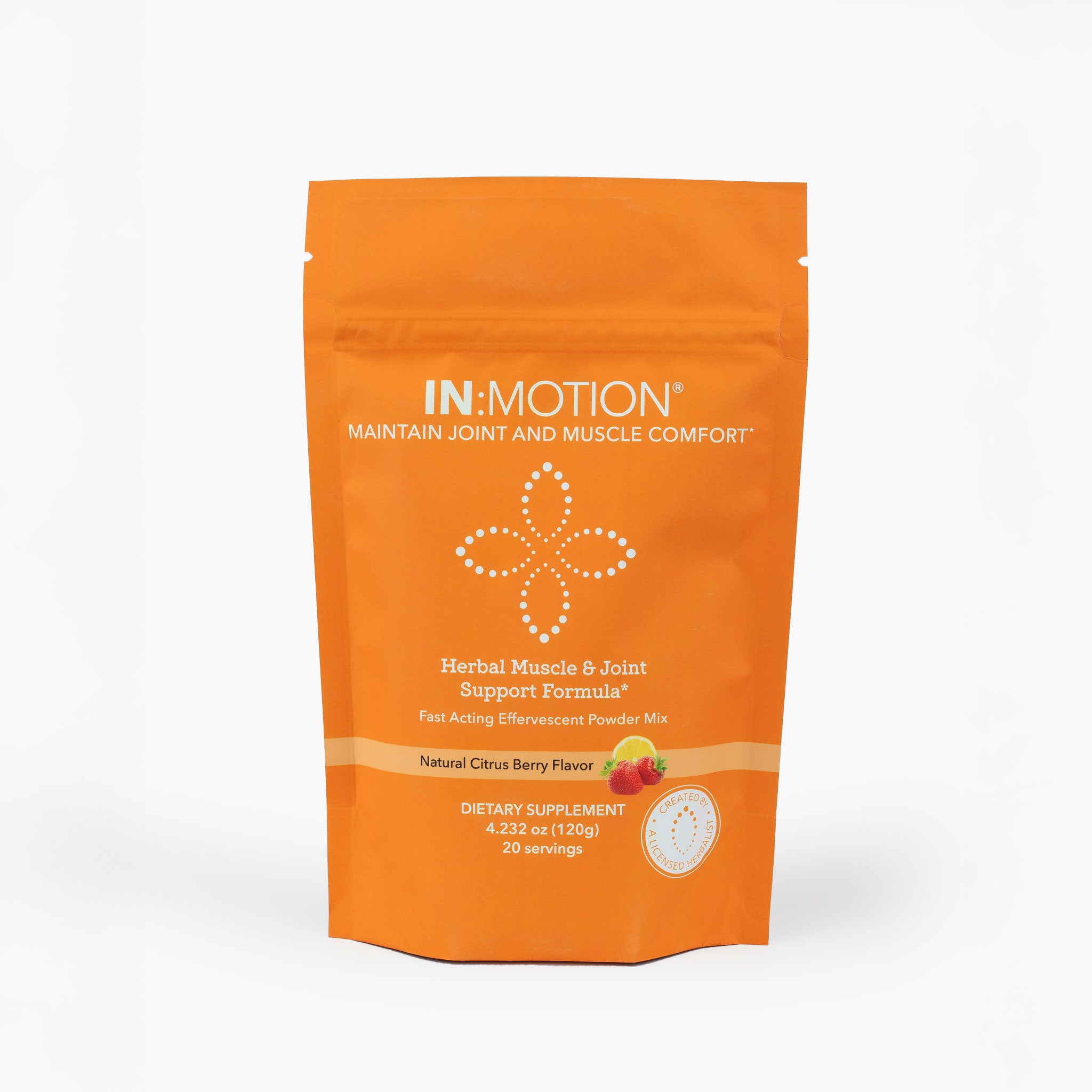 Orange package of IN MOTION herbal muscle and joint support formula on a white background