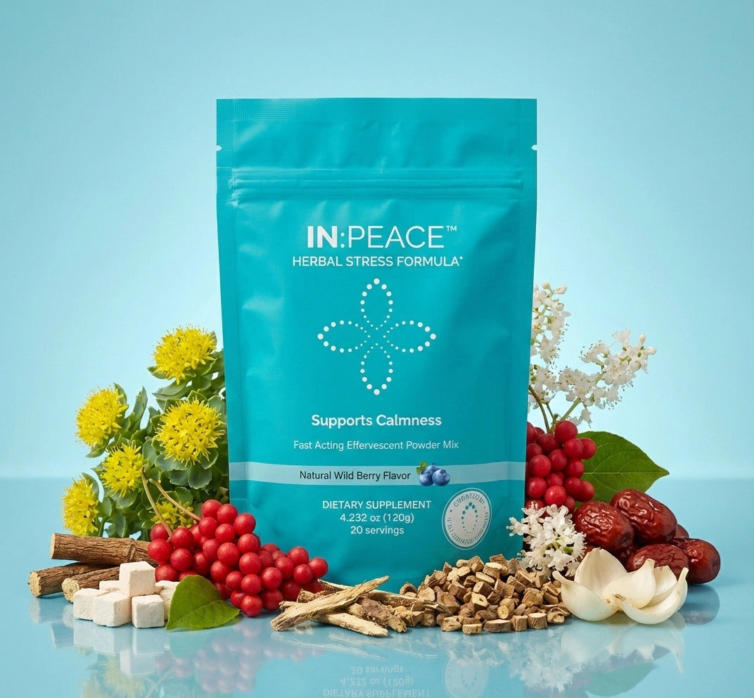 IN PEACE herbal stress supplement packaging with natural ingredients 