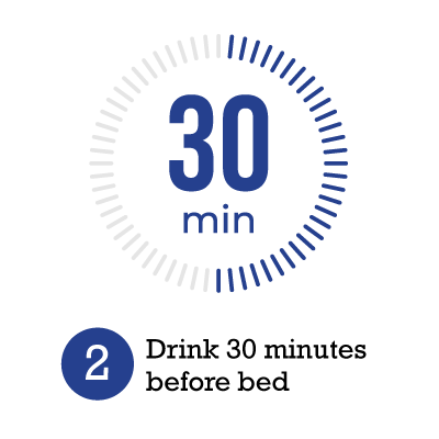 Clock icon with '30 min' and 'Drink 30 minutes before bed' text on a white background