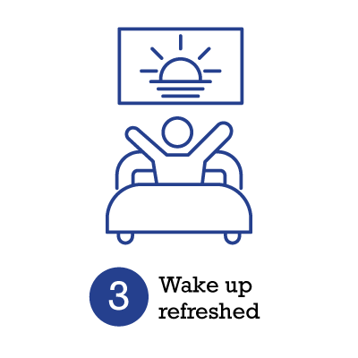 Icon of a person waking up refreshed with a sunrise in the background on a white background.