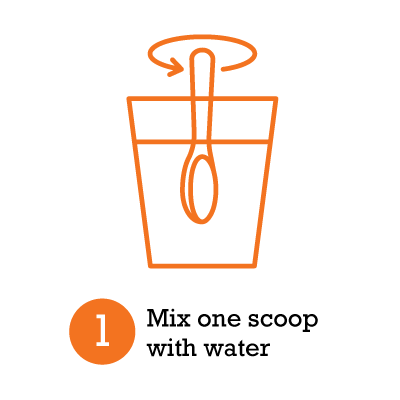 Illustration of a scoop in a glass with water and text 'Mix one scoop with water' on a white background