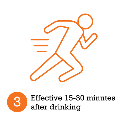 Orange icon of a person running with text 'Effective 15-30 minutes after drinking' on a white background