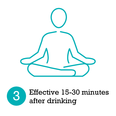 Icon of a person in a meditative pose with text indicating effectiveness after drinking.