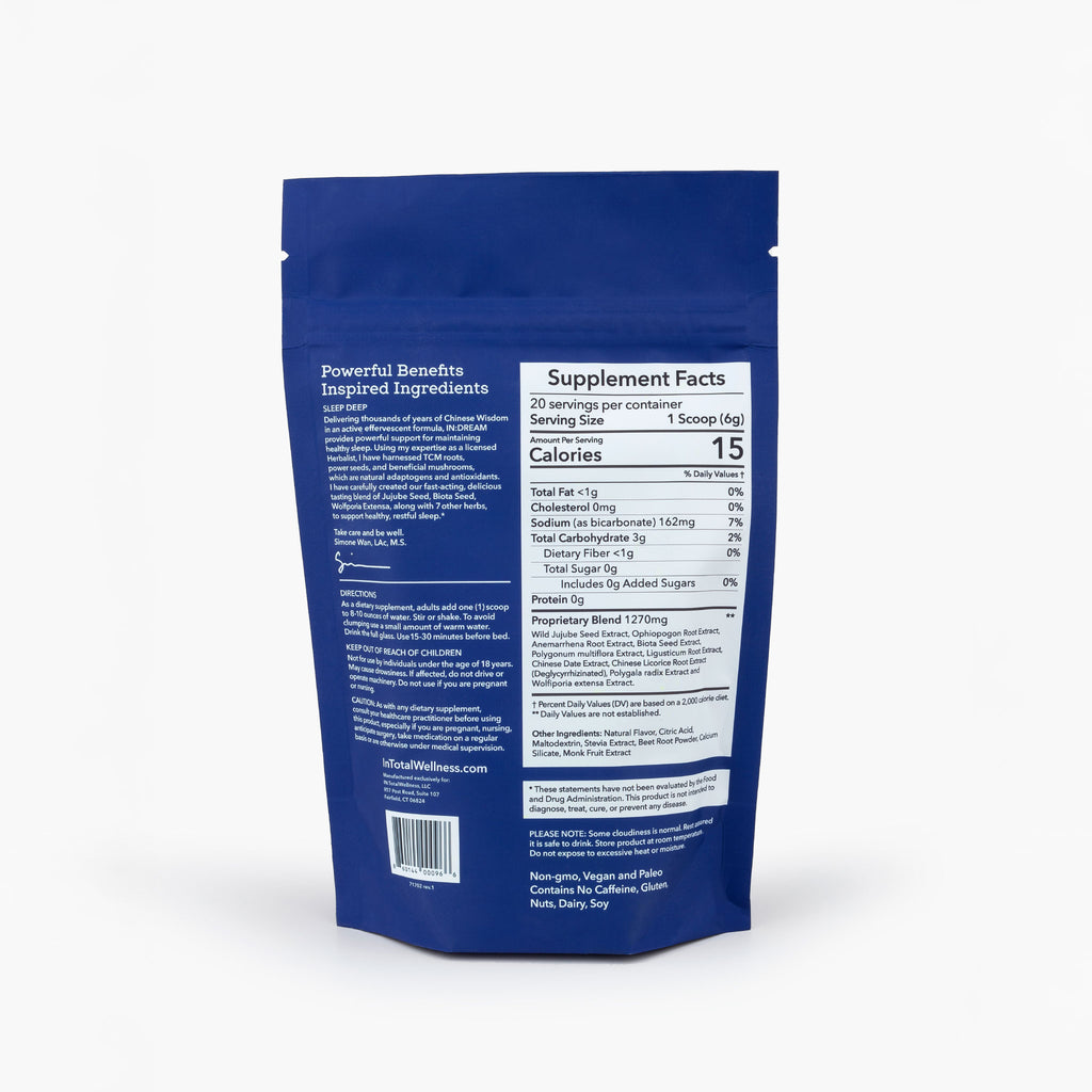 Back side of blue IN DREAM supplement package with nutritional information on a white background