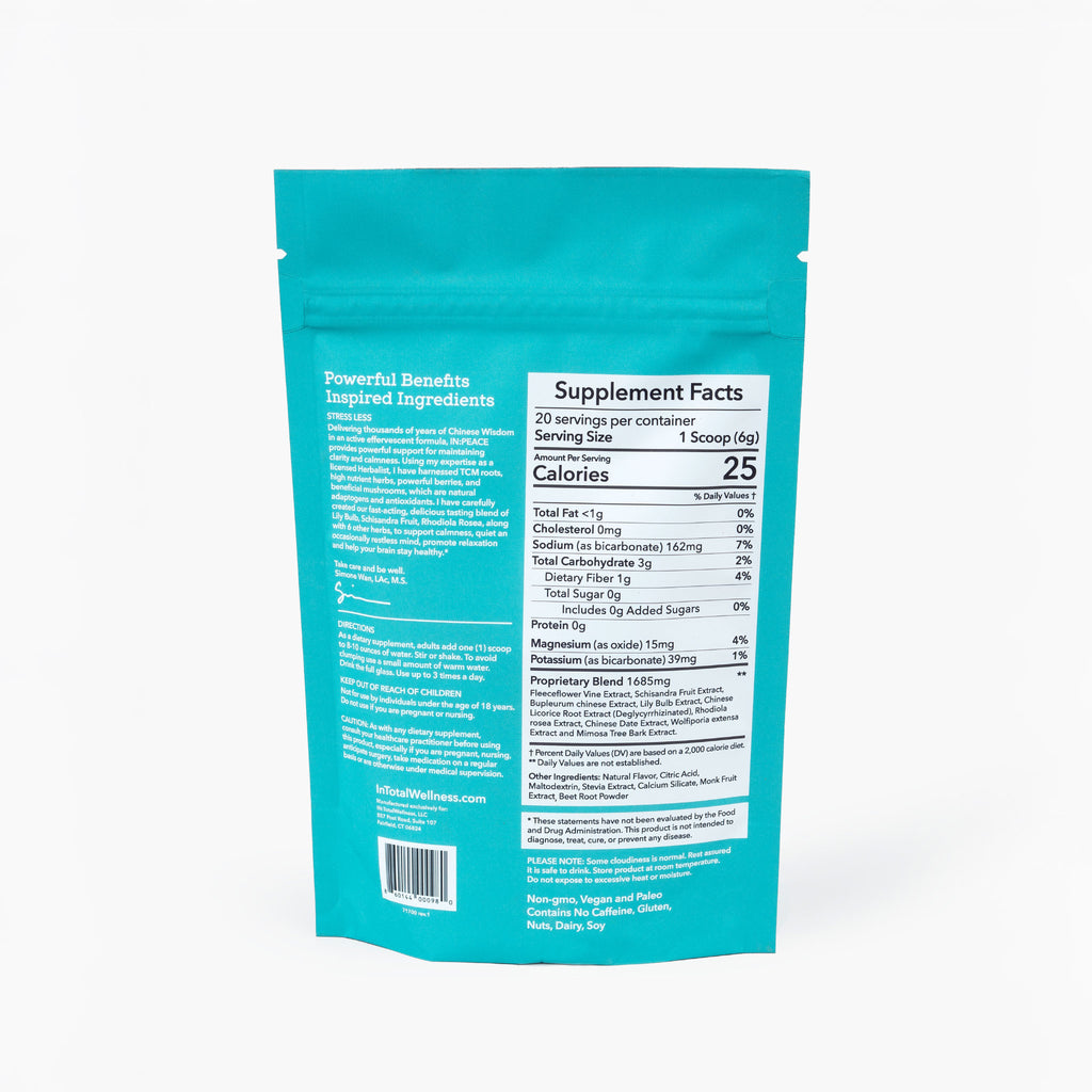 Back side of teal blue IN PEACE supplement package with nutritional information on a white background