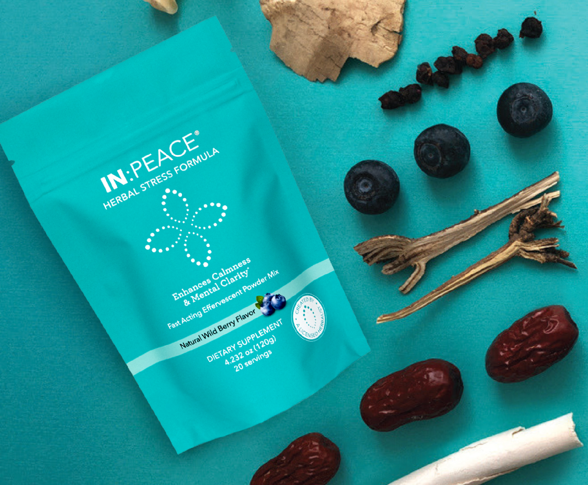 IN-PEACE herbal stress formula package on a teal background with natural ingredients
