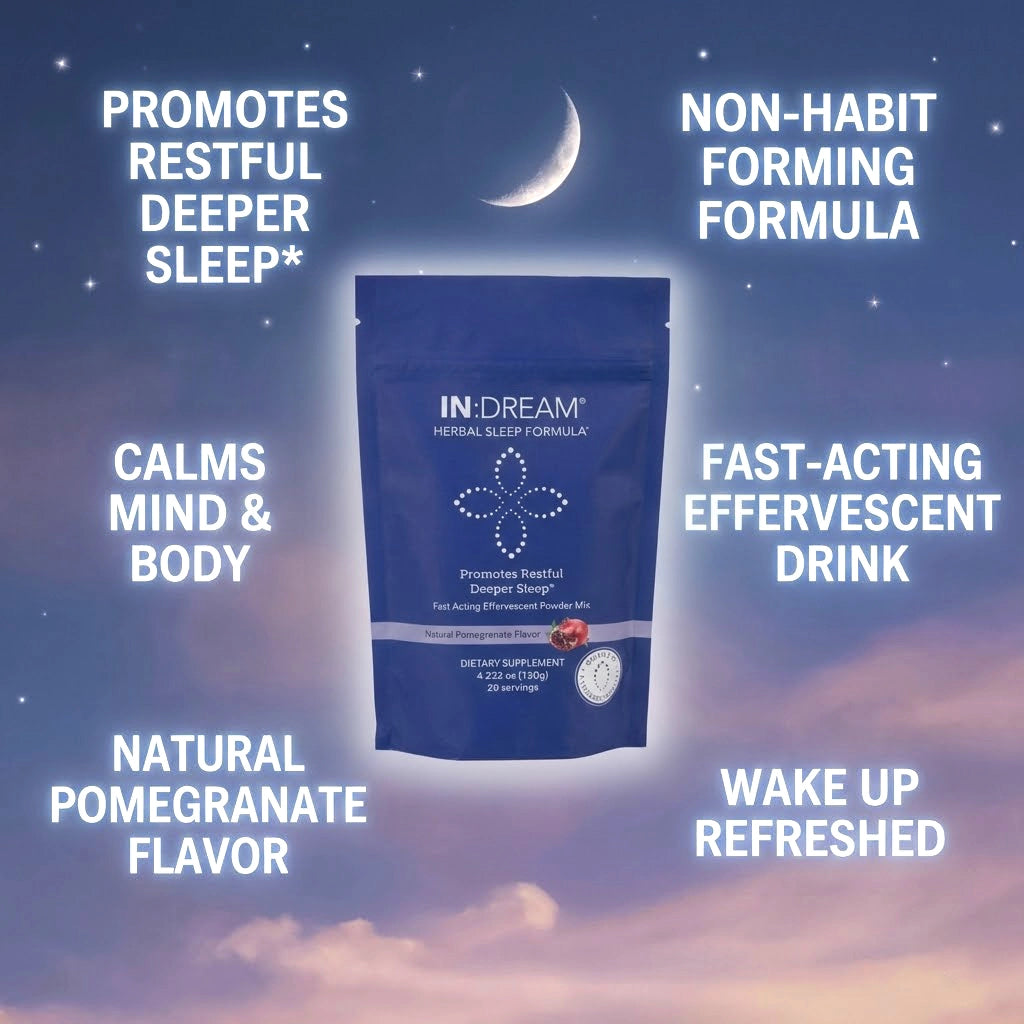 IN DREAM sleep supplement package with promotional text on a night sky background