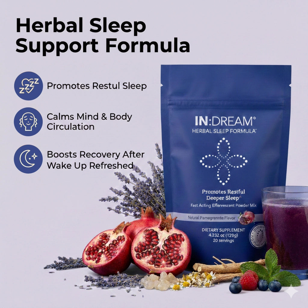 IN DREAM Herbal Sleep Support supplement packaging with ingredients and benefits on a light background
