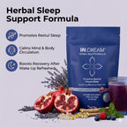 IN DREAM Herbal Sleep Support supplement packaging with ingredients and benefits on a light background