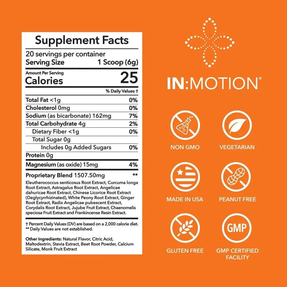 Supplement facts label for a product by IN MOTION on an orange background