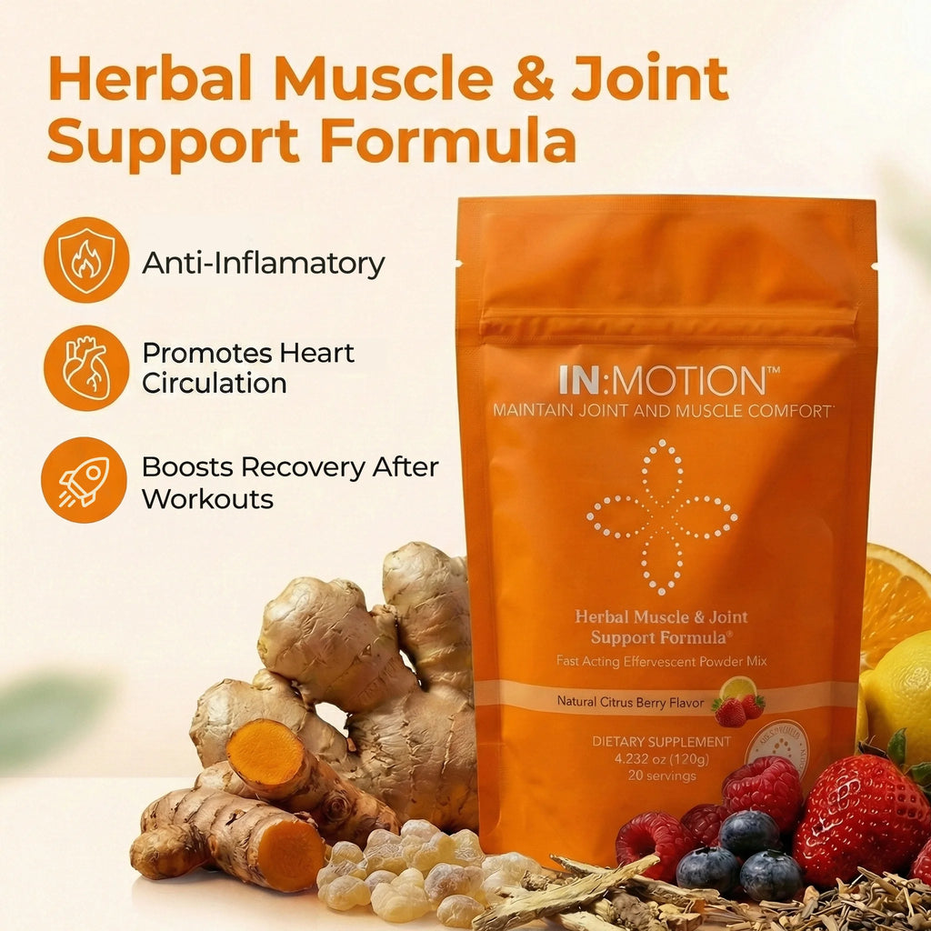 in motion herbal supplement with ingredients and benefits on a light background