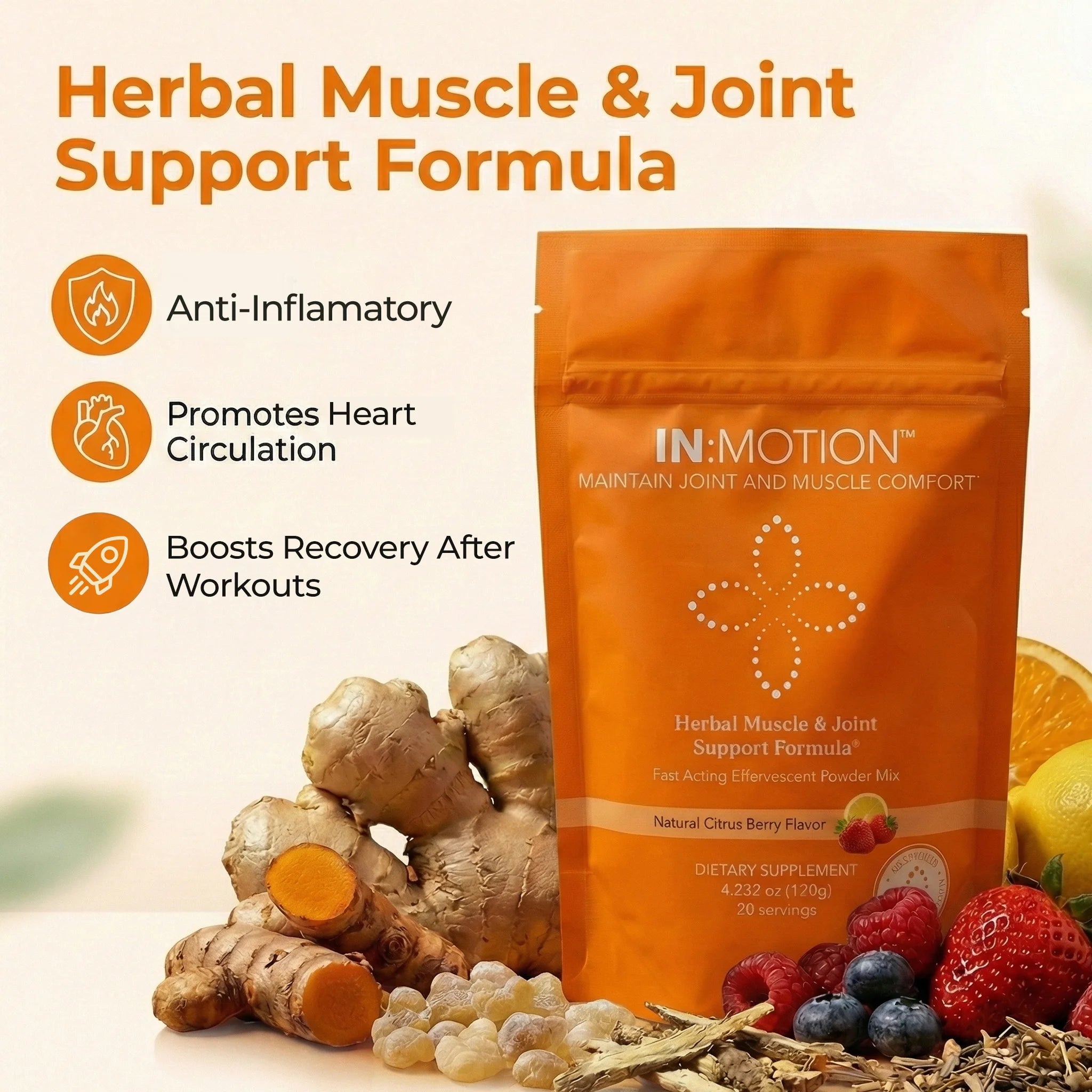 in motion herbal supplement with ingredients and benefits on a light background