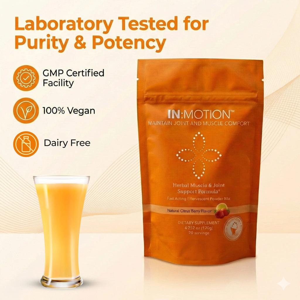 in motion herbal supplement package with a glass of orange liquid 