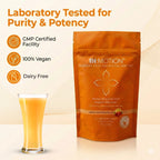 in motion herbal supplement package with a glass of orange liquid 