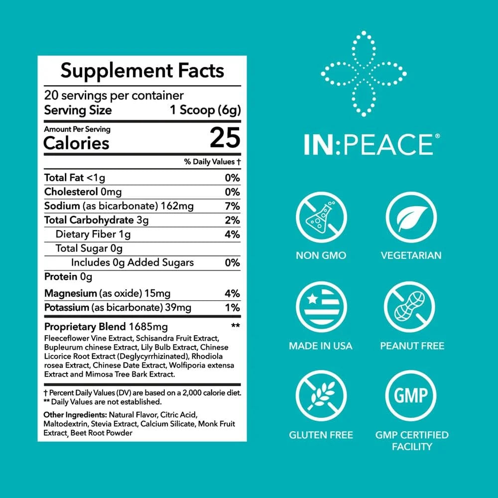 Supplement facts label with IN PEACE branding on a teal background