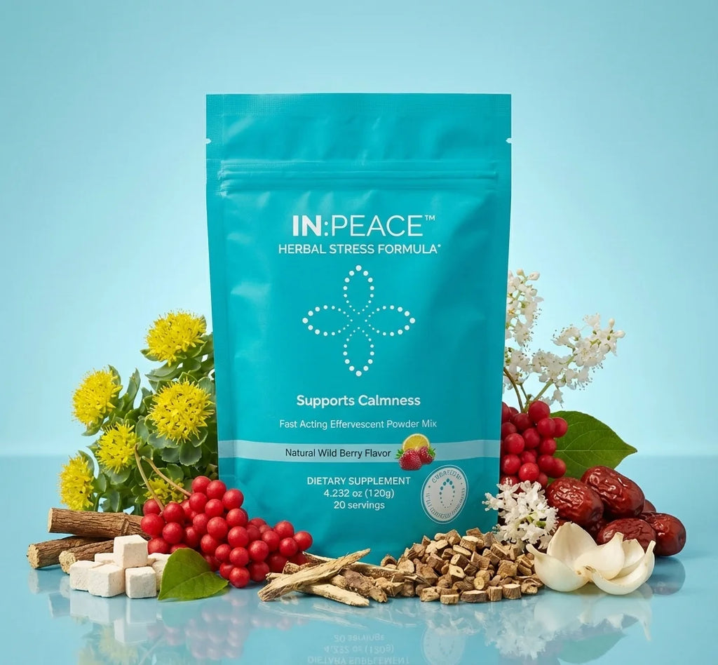 IN PEACE herbal stress supplement packaging with natural ingredients on a blue background